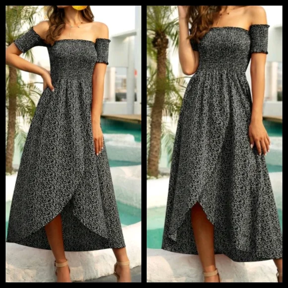 Boho Black Off Shoulder Midi Dress XS, S, L, XL NWOT - Picture 3 of 5